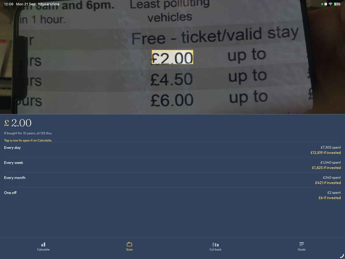 Scan on tablet locking onto a £2.00 price with later-cost rows